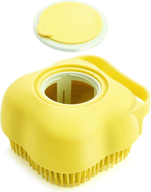 Dog Cat Bath Brush, Dog Shampoo Brush Silicone Puppy Massage Brush Hair Fur Grooming Cleaning Brush Soft Shampoo Dispenser (Yellow New)