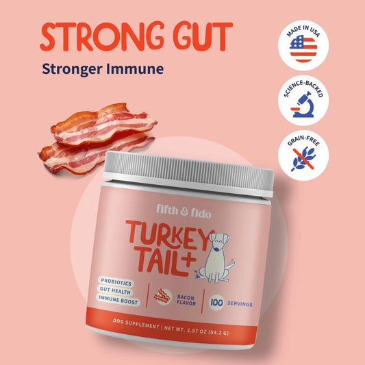 Fifth and Fido Turkey Tail+ Grain-Free Dog Food Topper - Bacon Flavor with Probiotics for Lipoma Support, Immune and Gut Health, Natural Allergy Relief - 100 Servings - Puppy Food Supplement